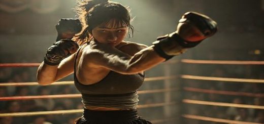 A high-definition image depicting a dynamic scene from a film set, featuring a strong female character, Rei, in an underground fighting ring. She is embodying both strength and tenderness, with a gritty yet emotional atmosphere surrounding her. The setting should evoke a sense of tension, with vivid details of the audience, fight choreography in motion, and visual hints of familial connections in the background, illustrating the duality of her identity as a mother and fighter. Soft lighting contrasts with the intensity of the fight, highlighting the feminist themes of ambition and empowerment.