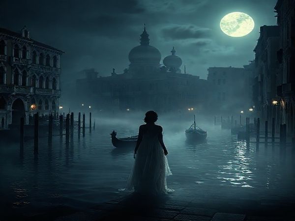 Create a high definition image of an eerie Venetian canal at night, shrouded in mist and illuminated by moonlight. In the foreground, a ghostly figure of a woman dressed in ethereal, flowing garments stands by the water, embodying a haunting presence. Shadows of gothic palazzos rise in the background, and wisps of fog curl around their ornate architectures, suggesting secrets waiting to be unraveled. A small gondola drifts silently, adding to the atmosphere of mystery and intrigue. Capture the juxtaposition of beauty and mystery that defines the film's narrative, reflecting on themes of gender dynamics and supernatural allure.