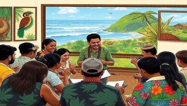 A vibrant scene depicting a diverse group of enthusiastic learners engaged in a lively Samoan language class, surrounded by traditional Samoan art and cultural symbols. In the background, lush tropical landscapes of Samoa can be seen, with distant waves breaking on the shore. A knowledgeable native tutor instructs the eager students with a warm smile, as they practice pronunciation and exchange cultural insights. The atmosphere is filled with a sense of community and connection to heritage. Please create this image in high definition.