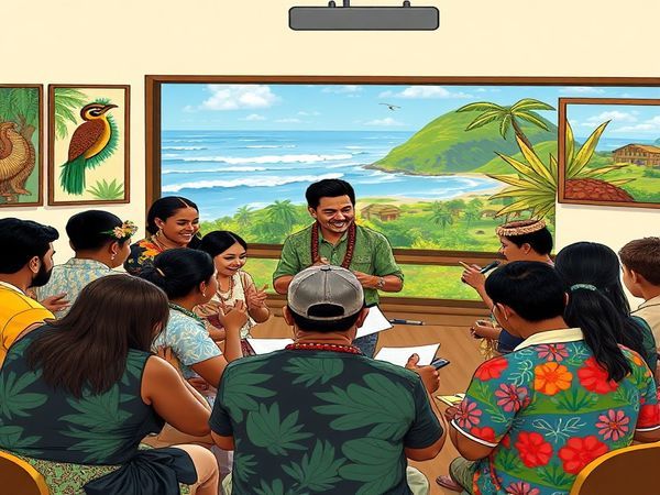 A vibrant scene depicting a diverse group of enthusiastic learners engaged in a lively Samoan language class, surrounded by traditional Samoan art and cultural symbols. In the background, lush tropical landscapes of Samoa can be seen, with distant waves breaking on the shore. A knowledgeable native tutor instructs the eager students with a warm smile, as they practice pronunciation and exchange cultural insights. The atmosphere is filled with a sense of community and connection to heritage. Please create this image in high definition.