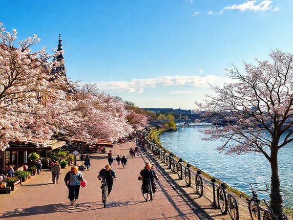 A picturesque scene of the Rhine Promenade, showcasing the vibrant colors of spring with blooming cherry blossoms and lush greenery, alongside charming cafes and historic landmarks. The sun casts a warm glow on leisurely strollers and cyclists enjoying the serene atmosphere, with the majestic Rhine River glistening in the background. Captured in high definition.