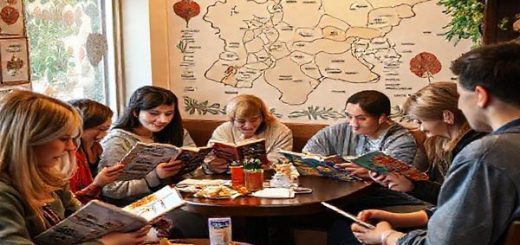 A vibrant scene showcasing a diverse group of people engaged in learning Hungarian: some studying with colorful textbooks, others using language apps on their devices, and a few participating in a lively language exchange at a cozy café adorned with Hungarian cultural motifs. Include visual elements like traditional Hungarian food, folk art, and a map of Hungary in the background. Capture the spirit of cultural immersion and the joy of learning in high definition.