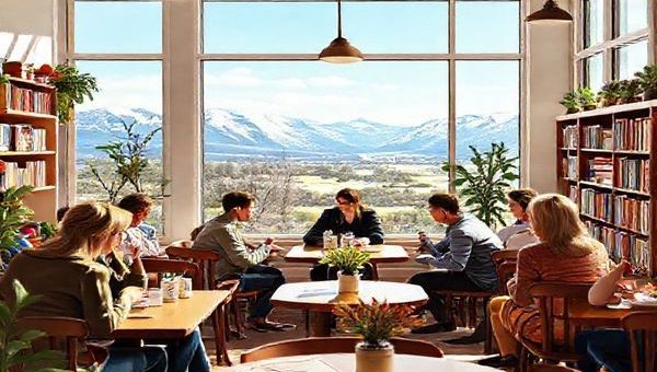 A vibrant scene depicting a cozy Swedish café filled with learners of all ages engaging in conversations with native Swedish speakers. The café is adorned with Swedish decor, large windows showcasing stunning Scandinavian landscapes outside, and bookshelves filled with Swedish literature. In high definition.