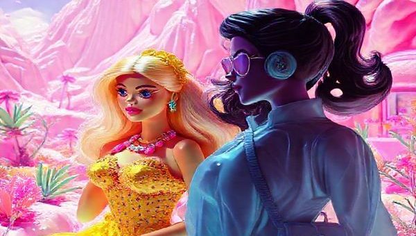 A vibrant and enchanting scene inspired by "Barbie (2023)," showcasing a surreal, candy-colored utopia filled with glossy, whimsical landscapes. Feature strong female characters exploring themes of empowerment and identity within a dazzling environment adorned with playful, oversized Barbie accessories. Juxtapose traditional femininity with bold expressions of agency, while Ken’s shadowy presence subtly hints at gender dynamics. Make the image high definition, capturing intricate details and vibrant colors that evoke both nostalgia and modern critique.