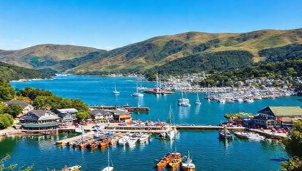 A stunning high-definition depiction of Picton, New Zealand, showcasing its scenic harbor surrounded by lush hills. Capture the vitality of summer with clear blue skies, vibrant outdoor activities like kayaking and sailing, and bustling waterfront cafes. Include glimpses of the Queen Charlotte Track, framed by rolling landscapes adorned with vibrant greenery. The image should convey a lively, sunny day filled with adventurers and the picturesque charm that defines this coastal town.