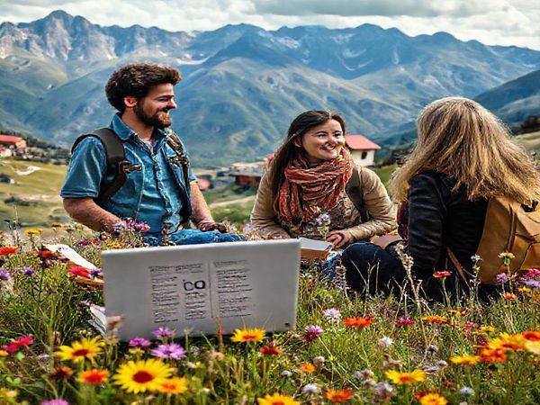 Create a high definition image of a vibrant Macedonian landscape, showcasing the stunning mountains and traditional architecture. Include elements of language learning, such as books and a laptop featuring the Cyrillic alphabet, nestled among colorful wildflowers. A traveler enthusiastically engaging with a local, exchanging phrases in Macedonian, captures the essence of connection and cultural richness.