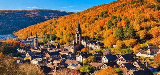 Create a high-definition image of Landkreis Marburg-Biedenkopf, Germany, showcasing the enchanting old town of Marburg with its Gothic architecture, surrounded by lush forests and rolling hills in vibrant autumn colors, reflecting shades of gold, bronze, and amber. Include scenic hiking trails and charming villages under a clear blue sky, highlighting the tranquil beauty of this picturesque region.