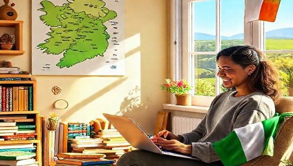 **Image Prompt:** A vibrant scene depicting a cozy, sunlit room filled with books and a laptop open to a language learning app. A map of Ireland hangs on the wall, with symbols of Irish culture like traditional music instruments, folklore illustrations, and family trees scattered throughout. An Irish flag delicately drapes over a chair, and a window reveals a lush Irish landscape outside. A person of Irish descent, engaged deeply in learning, smiles as they converse with a native speaker on the laptop. Create this image in high definition.