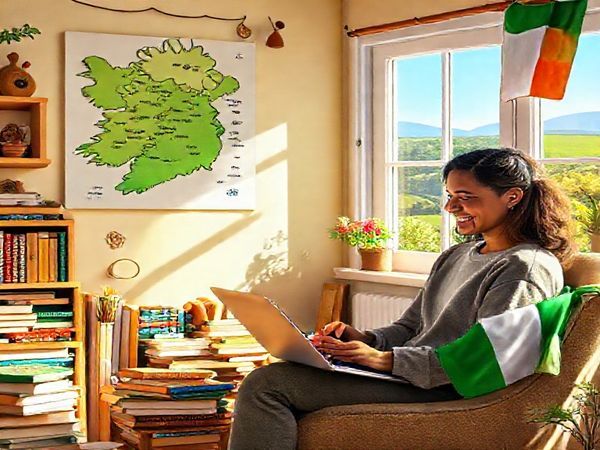 **Image Prompt:** A vibrant scene depicting a cozy, sunlit room filled with books and a laptop open to a language learning app. A map of Ireland hangs on the wall, with symbols of Irish culture like traditional music instruments, folklore illustrations, and family trees scattered throughout. An Irish flag delicately drapes over a chair, and a window reveals a lush Irish landscape outside. A person of Irish descent, engaged deeply in learning, smiles as they converse with a native speaker on the laptop. Create this image in high definition.