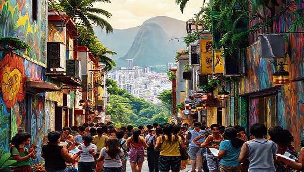 **Create a high definition image of a vibrant Brazilian street scene filled with colorful murals, featuring people engaging in conversations, music, and dance. In the background, showcase the lush Amazon rainforest and the iconic skyline of Rio de Janeiro. Include elements symbolizing culture and language, such as books and musical instruments, to highlight the essence of learning Portuguese.**