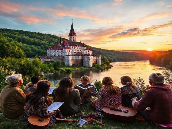 Create a high-definition image of a vibrant Latvian landscape featuring a historic castle by a tranquil river, surrounded by lush green forests. In the foreground, depict a group of diverse people engaging in a lively language exchange, one holding a Latvian phrasebook, while traditional Latvian folk instruments lie nearby. The scene should capture the essence of cultural connection and the beauty of Latvia, with the sun setting in a colorful sky.