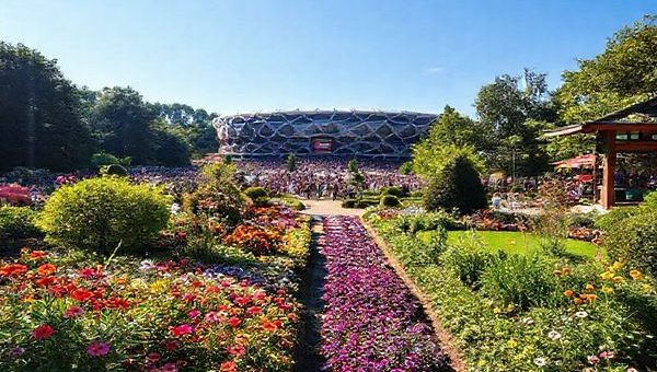 A high-definition image of Leverkusen showcasing a vibrant summer scene, featuring the lush Japanese Garden in full bloom, with colorful flowers and serene pathways. In the background, the lively BayArena filled with enthusiastic football fans, under a bright blue sky. Add elements of the nearby Rhine reflecting the sunlight and a hint of city life with bustling cafés and outdoor activities, capturing the perfect blend of nature and urban energy.