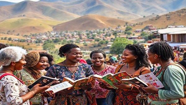 Imagine a vibrant South African landscape, with rolling hills and colorful local markets bustling with life. In the forefront, a diverse group of people engage in lively conversations in Afrikaans, holding books, language apps, and cultural artifacts, symbolizing various ways to learn the language. The scene captures a sense of connection, friendship, and the rich cultural heritage of Afrikaans-speaking communities. Make the image in high definition.