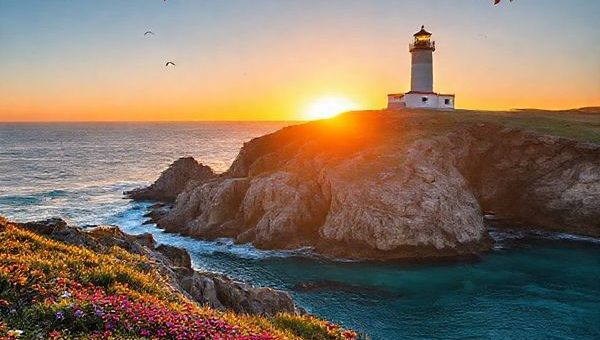 Create a high-definition image of Castlepoint Lighthouse at sunrise, perched dramatically on rugged cliffs overlooking the Pacific Ocean. The scene should capture the warm golden glow of the rising sun reflecting off the tranquil turquoise waters, surrounded by vibrant coastal flowers and a few playful seabirds soaring in the clear sky. Highlight the lush landscape and sweeping coastal views, evoking a sense of adventure and natural beauty, perfect for nature enthusiasts and photographers.