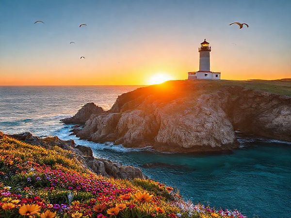 Create a high-definition image of Castlepoint Lighthouse at sunrise, perched dramatically on rugged cliffs overlooking the Pacific Ocean. The scene should capture the warm golden glow of the rising sun reflecting off the tranquil turquoise waters, surrounded by vibrant coastal flowers and a few playful seabirds soaring in the clear sky. Highlight the lush landscape and sweeping coastal views, evoking a sense of adventure and natural beauty, perfect for nature enthusiasts and photographers.