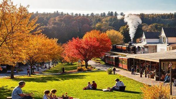 A serene landscape of Tinwald during autumn, showcasing picturesque tree-lined streets bursting with vivid shades of red, orange, and yellow. In the foreground, families enjoy a relaxing picnic on a lush green lawn, surrounded by golden foliage and local farmer's market stalls. The backdrop features the charming Plains Vintage Railway with a steam engine gracefully steaming through the scene. The sky is clear with soft, warm sunlight illuminating the beauty of this rural New Zealand gem. Create this image in high definition.