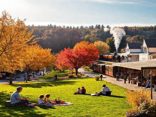 A serene landscape of Tinwald during autumn, showcasing picturesque tree-lined streets bursting with vivid shades of red, orange, and yellow. In the foreground, families enjoy a relaxing picnic on a lush green lawn, surrounded by golden foliage and local farmer's market stalls. The backdrop features the charming Plains Vintage Railway with a steam engine gracefully steaming through the scene. The sky is clear with soft, warm sunlight illuminating the beauty of this rural New Zealand gem. Create this image in high definition.