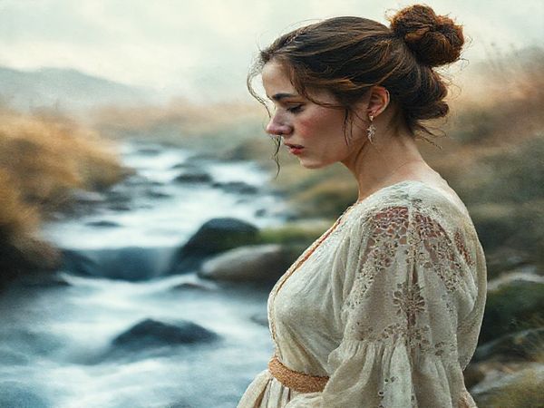 "Create a high definition image that captures the ethereal landscapes and intimate human emotions from the film 'Eternity (2025)'. Feature a woman named Eleanor, portrayed with poignant subtlety, standing by a flowing stream that symbolizes memory and time. Surround her with dreamlike elements representing conversations with her grandmother, including watercolor-like visuals of legacy and strength intertwining with nature. The atmosphere should evoke both the grandeur of myth and the intimacy of human experience, reflecting themes of womanhood and connection."