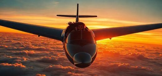 A high-definition image of a striking airplane soaring above the clouds, casting a dramatic silhouette against a vibrant sunset. In the foreground, a powerful female co-pilot, depicted as a confident and determined character, is steering the aircraft with purpose, while elements of the narrative—such as emotional connections and gender dynamics—are visually represented through fragments of clouds shaped like traditional roles and stereotypes. The scene captures both the thrill of flight and the promise of female empowerment in cinema.
