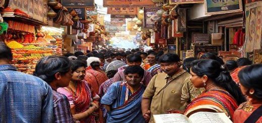 A vibrant market scene in India, filled with colorful stalls showcasing traditional spices, textiles, and handicrafts. In the foreground, a diverse group of people engaging in conversation, with a backdrop of intricate Devanagari script and Bollywood posters. Flashes of life and culture interwoven with elements representing learning, like books and language apps. High definition.