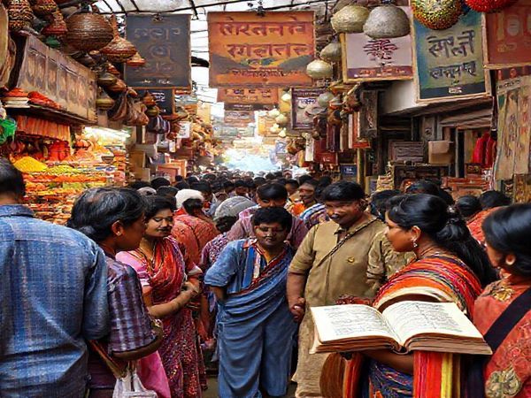 A vibrant market scene in India, filled with colorful stalls showcasing traditional spices, textiles, and handicrafts. In the foreground, a diverse group of people engaging in conversation, with a backdrop of intricate Devanagari script and Bollywood posters. Flashes of life and culture interwoven with elements representing learning, like books and language apps. High definition.