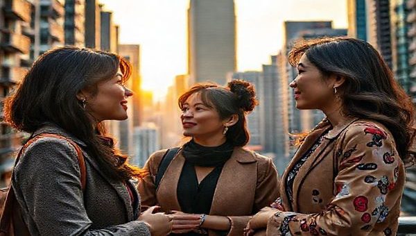 "Create a high-definition image depicting three diverse women in a dynamic urban Hong Kong setting, showcasing their individuality and depth. The women should be engaged in an intimate yet powerful conversation, with the vibrant cityscape reflecting their ambitions and interconnected lives. Incorporate elements of architecture that symbolize both structure and freedom, all bathed in the soft glow of a setting sun, emphasizing the themes of femininity and redefined success."
