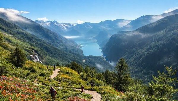 A breathtaking high-definition scene of the Milford Track in summer, showcasing lush green forests and majestic fjords under a clear blue sky. Hikers traverse the winding path, surrounded by vibrant wildflowers and cascading waterfalls that glisten in the sunlight. The atmosphere is alive with the sounds of nature, inviting viewers into this tranquil paradise. Add subtle hints of humidity and a magical morning mist enveloping the landscape for an enchanting touch.