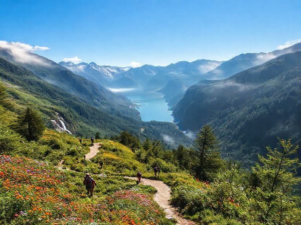 A breathtaking high-definition scene of the Milford Track in summer, showcasing lush green forests and majestic fjords under a clear blue sky. Hikers traverse the winding path, surrounded by vibrant wildflowers and cascading waterfalls that glisten in the sunlight. The atmosphere is alive with the sounds of nature, inviting viewers into this tranquil paradise. Add subtle hints of humidity and a magical morning mist enveloping the landscape for an enchanting touch.