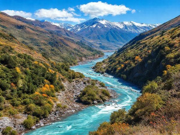 A breathtaking high definition scene of Rakaia Gorge, showcasing its stunning landscapes through the four seasons: vibrant summer with lush greenery and striking blue waters, tranquil winter with snow-capped Southern Alps and light fog, colorful fall with leaves painted in oranges and reds, and lively spring with blooming flowers and a bustling river. Include adventure seekers hiking, fishing, and jet boating, all harmonizing with nature’s beauty in this picturesque gorge.
