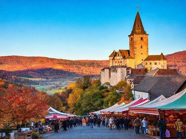 A high-definition image capturing the enchanting landscapes of Niederbayern in autumn, showcasing vibrant golds, reds, and browns among rolling hills, historic landmarks like Trausnitz Castle, and bustling harvest festivals, with locals joyfully participating in outdoor markets under a clear blue sky.
