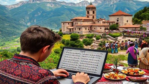 A vibrant Georgian landscape with lush mountains and ancient architecture, featuring a person immersed in language learning on a laptop with Georgian script visible on the screen. Surrounding elements include traditional Georgian music notes, local cuisine like khachapuri, and people engaging in a lively festival with colorful attire. The scene captures the cultural richness of Georgia, blending nature and heritage. Please create this image in high definition.