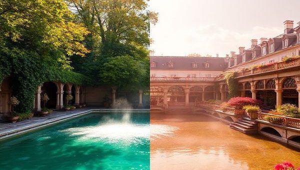 High definition image of the Thermal Baths Wiesbaden, showcasing the enchanting ambiance in each of the four seasons: summer with vibrant sunlit waters and lush greenery, winter with steamy waters enveloped in frost, fall adorned with golden and crimson leaves, and spring bursting with blooming flowers. Include elegant architectural details and the soothing atmosphere of relaxation and wellness, inviting visitors to experience the magic of this timeless location.