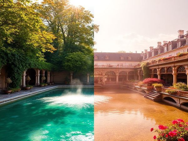 High definition image of the Thermal Baths Wiesbaden, showcasing the enchanting ambiance in each of the four seasons: summer with vibrant sunlit waters and lush greenery, winter with steamy waters enveloped in frost, fall adorned with golden and crimson leaves, and spring bursting with blooming flowers. Include elegant architectural details and the soothing atmosphere of relaxation and wellness, inviting visitors to experience the magic of this timeless location.