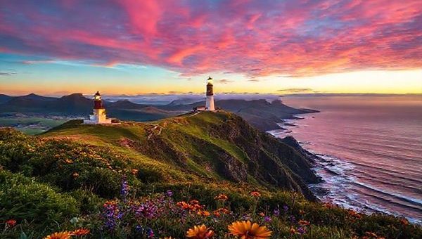 A high-definition image of Cape Reinga at sunset, where the Tasman Sea meets the Pacific Ocean, showcasing the iconic lighthouse illuminated by warm golden light. The foreground features lush green landscapes and vibrant wildflowers in bloom. In the background, rolling hills transition into the ocean, with gentle waves lapping at the shore under a dramatic sky filled with hues of pink and orange. The serene atmosphere invites contemplation, emphasizing the cultural significance of this mystical destination.