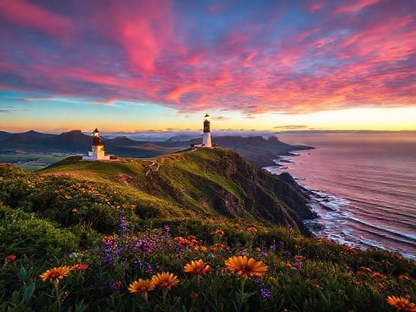 A high-definition image of Cape Reinga at sunset, where the Tasman Sea meets the Pacific Ocean, showcasing the iconic lighthouse illuminated by warm golden light. The foreground features lush green landscapes and vibrant wildflowers in bloom. In the background, rolling hills transition into the ocean, with gentle waves lapping at the shore under a dramatic sky filled with hues of pink and orange. The serene atmosphere invites contemplation, emphasizing the cultural significance of this mystical destination.