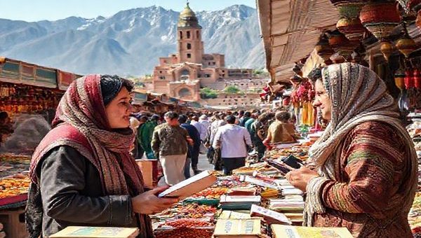 A vibrant marketplace in Tajikistan, showcasing colorful stalls filled with traditional crafts and spices, with people interacting in the background. A language learner, surrounded by books and digital devices, engages in conversation with a friendly native speaker while practicing Tajik. Towering mountains and historic buildings form a picturesque backdrop, symbolizing the rich culture and history of the region. Create this scene in high definition.