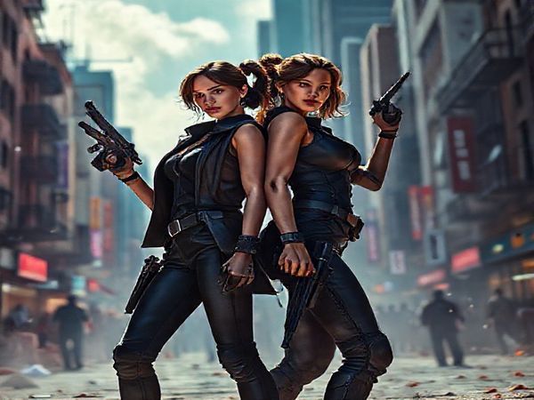 A high-definition image of a vibrant, action-packed scene featuring two strong female characters, Grace (a resourceful spy with an air of sophistication) and Ilsa (a fierce yet vulnerable warrior), standing together against a backdrop of a chaotic cityscape. They exhibit a blend of strength and elegance, with shadows and light playfully interacting around them. The tension of a high-stakes mission is palpable, as they prepare for a daring escape, symbolizing the evolution of gender dynamics in action cinema.