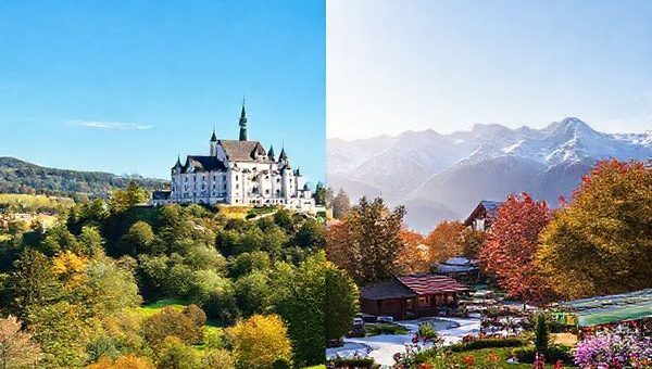 Create a high-definition image showcasing the enchanting landscapes of Bayern across the four seasons. Depict a vibrant summer scene with lush green hills and the iconic Neuschwanstein Castle under a clear blue sky, alongside a tranquil winter wonderland filled with snow-covered Bavarian Alps and cozy Christmas markets. Include the warm hues of autumn foliage during Oktoberfest, with joyful people celebrating amidst traditional beer tents, and a lively spring landscape bursting with colorful wildflowers and blooming gardens. Capture the essence of each season's unique charm in a captivating montage.