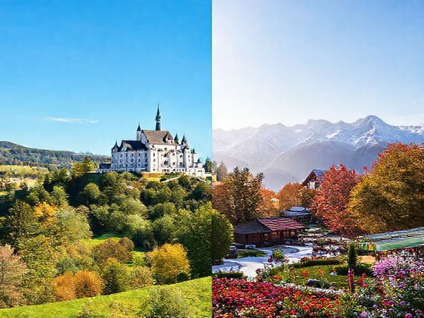Create a high-definition image showcasing the enchanting landscapes of Bayern across the four seasons. Depict a vibrant summer scene with lush green hills and the iconic Neuschwanstein Castle under a clear blue sky, alongside a tranquil winter wonderland filled with snow-covered Bavarian Alps and cozy Christmas markets. Include the warm hues of autumn foliage during Oktoberfest, with joyful people celebrating amidst traditional beer tents, and a lively spring landscape bursting with colorful wildflowers and blooming gardens. Capture the essence of each season's unique charm in a captivating montage.