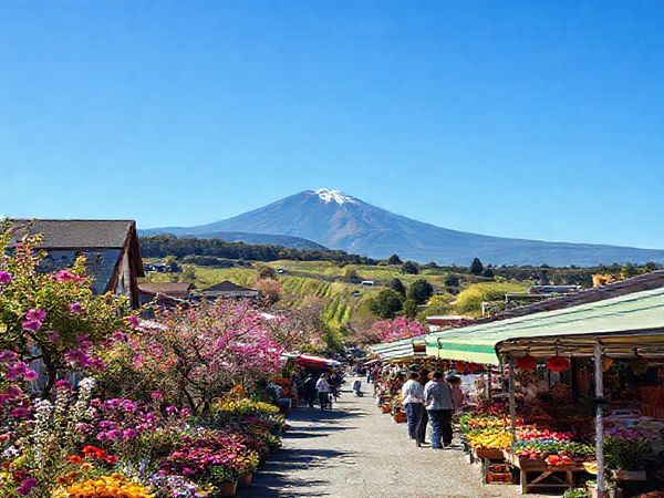 A breathtaking high-definition scene capturing the enchanting Hastings District in spring, with vibrant flower blooms surrounding picturesque vineyards and orchards. The iconic Te Mata Peak rises majestically in the background under a clear blue sky. In the foreground, a charming farmer's market celebrates the harvest season with colorful produce and cheerful locals. The atmosphere is lively yet serene, showcasing the beauty of nature's renewal and the vibrancy of local culture.