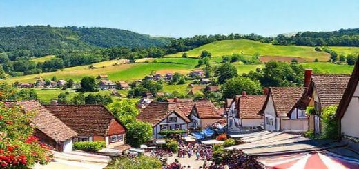 A high-definition image of the picturesque Landkreis Osnabrück, showcasing the vibrant colors of summer with lush rolling hills, wildflowers in bloom, and charming villages nestled in the landscape. Include a lively outdoor market scene bustling with locals and tourists, enjoying regional specialties under a bright blue sky. Capture the warm ambiance and natural beauty that make this hidden gem in Lower Saxony an inviting destination for travelers.