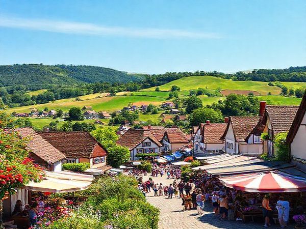 A high-definition image of the picturesque Landkreis Osnabrück, showcasing the vibrant colors of summer with lush rolling hills, wildflowers in bloom, and charming villages nestled in the landscape. Include a lively outdoor market scene bustling with locals and tourists, enjoying regional specialties under a bright blue sky. Capture the warm ambiance and natural beauty that make this hidden gem in Lower Saxony an inviting destination for travelers.