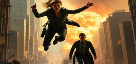 Imagine an action-packed scene from "Mission: Impossible - The Final Reckoning (2025)" showcasing Claire, a fierce female intelligence operative, leaping from a crumbling building into a chaotic cityscape filled with high-octane chases and dramatic explosions. Surround her with dynamic male and female agents, engaged in intense dialogue that reveals their complex relationships. The backdrop features atmospheric locations bathed in cinematic light, emphasizing both the thrilling action and the nuanced gender dynamics at play. Create this image in high definition.