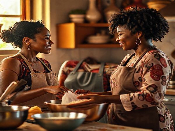 **Image Prompt:** Create a high definition cinematic scene set in a cozy, lush kitchen filled with warm light and vibrant colors. Depict three diverse women in intimate conversation, their expressions radiating resilience and camaraderie, surrounded by baking tools and ingredients. Capture a moment of subtle connection, perhaps a shared glance or a gentle touch, showcasing the transformative power of female solidarity in a patriarchal world. Emphasize the dreamlike quality with soft focus, evoking a sense of empowerment and intimacy.