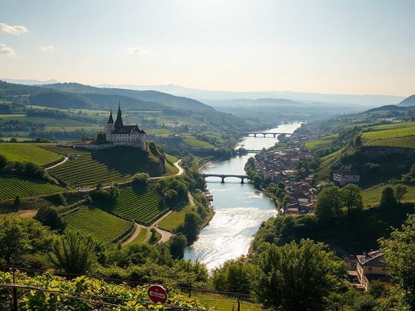 A breathtaking view of the Middle Rhine Valley in summer, showcasing the sun-drenched landscape filled with rolling vineyards, historic castles perched on hills, and charming riverside towns. The scene is alive with tourists enjoying outdoor wine festivals and hiking trails, framed by a majestic Rhine River sparkling in golden light. High definition.