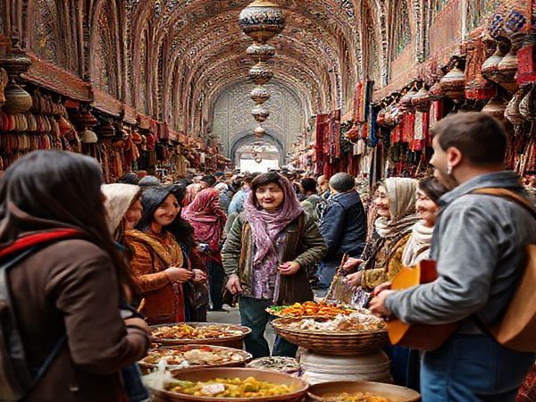 A vibrant and bustling Uzbek market scene, showcasing intricate traditional architecture, colorful textiles, and friendly vendors interacting with travelers. In the foreground, a diverse group of people engage in conversation, embodying the joy of learning Uzbek. Elements of Uzbek culture, such as traditional dishes, crafts, and music instruments, are incorporated into the background. Make the image in high definition.