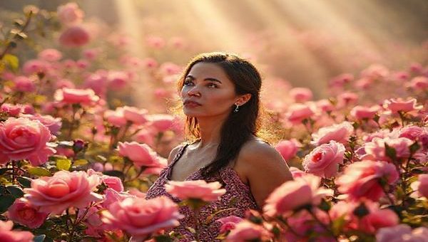 A vibrant, high-definition image of a lush rose garden in full bloom, symbolizing the themes of gender and femininity. In the foreground, a contemplative woman, echoing the character Elena, stands among the flowers, her expression introspective and powerful. Surrounding her are ethereal beams of natural light filtering through petals, creating a dreamy atmosphere. The background hints at a pastoral community, with soft colors and subtle details that suggest deep-rooted traditions and aspirations for change. Emphasize the contrast between beauty and depth, capturing both the elegance of the blooms and the weight of social narratives.