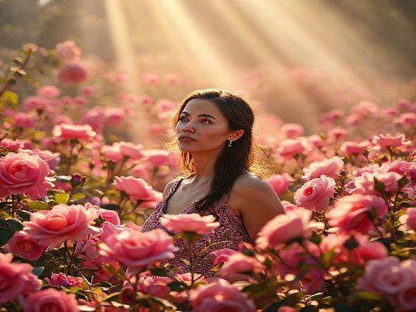 A vibrant, high-definition image of a lush rose garden in full bloom, symbolizing the themes of gender and femininity. In the foreground, a contemplative woman, echoing the character Elena, stands among the flowers, her expression introspective and powerful. Surrounding her are ethereal beams of natural light filtering through petals, creating a dreamy atmosphere. The background hints at a pastoral community, with soft colors and subtle details that suggest deep-rooted traditions and aspirations for change. Emphasize the contrast between beauty and depth, capturing both the elegance of the blooms and the weight of social narratives.