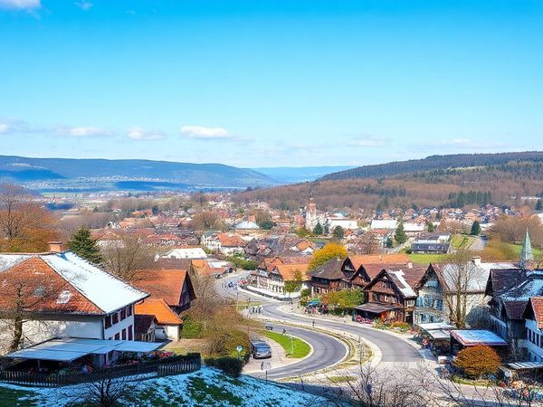 A high definition image depicting the enchanting Landschaft von Landkreis St. Wendel in all four seasons: vibrant summer scenes with bustling local festivals, serene winter landscapes blanketed in snow, autumn charm with golden and crimson leaves, and a lively spring bloom full of flowers and greenery. Include cultural elements like quaint cafés, historic towns, and local markets, illustrating the blend of tranquility and vibrancy that characterizes this picturesque German district.