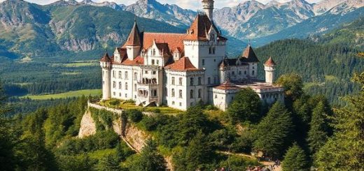 Create a high-definition image of Neuschwanstein Castle nestled in the Bavarian Alps, surrounded by lush summer greenery, vibrant wildlife, and clear blue skies. Capture the castle's romantic 19th-century architecture and majestic turrets rising above the alpine peaks. Include hikers enjoying the trails with breathtaking views of the expansive Bavarian landscape, evoking a sense of adventure and enchantment during the sunlit season. Make the atmosphere lively, filled with the excitement of international tourists.